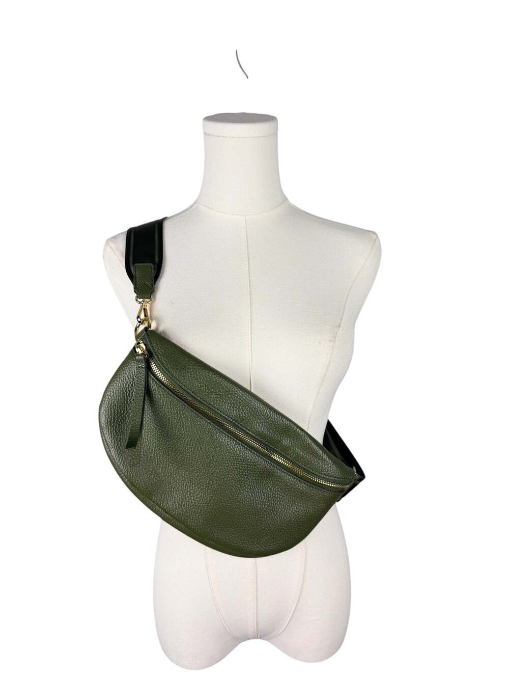 Quince Olive Green Pebbled Leather Sling Front Zipper Adjustable Bag